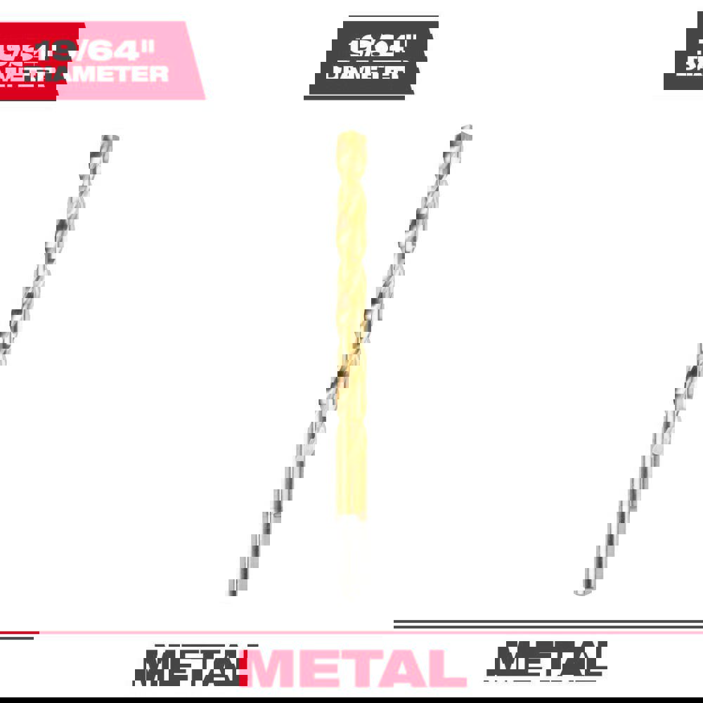 Jobber Length Drill Bits; Drill Bit Size (Inch): 19/64 ; Drill Bit Material: High Speed Steel ; Drill Point Angle (Degrees): 135 ; Coating/Finish: Titanium Nitride ; Flute Type: Parabolic ; Cutting Direction: Right Hand